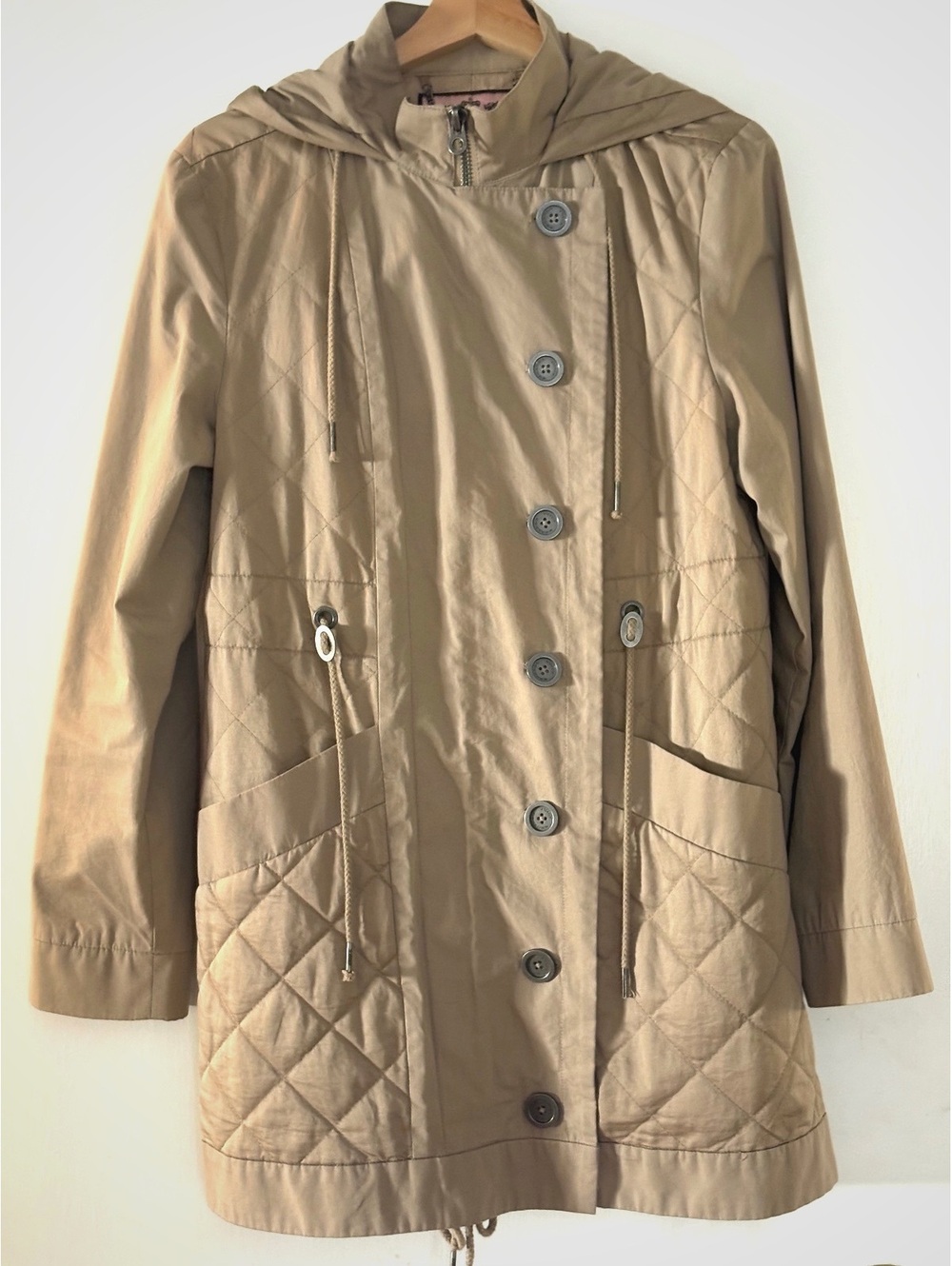 Juicy Couture Women's Tan Hooded Quilted Cotton Trench Coat Size M #quietluxury